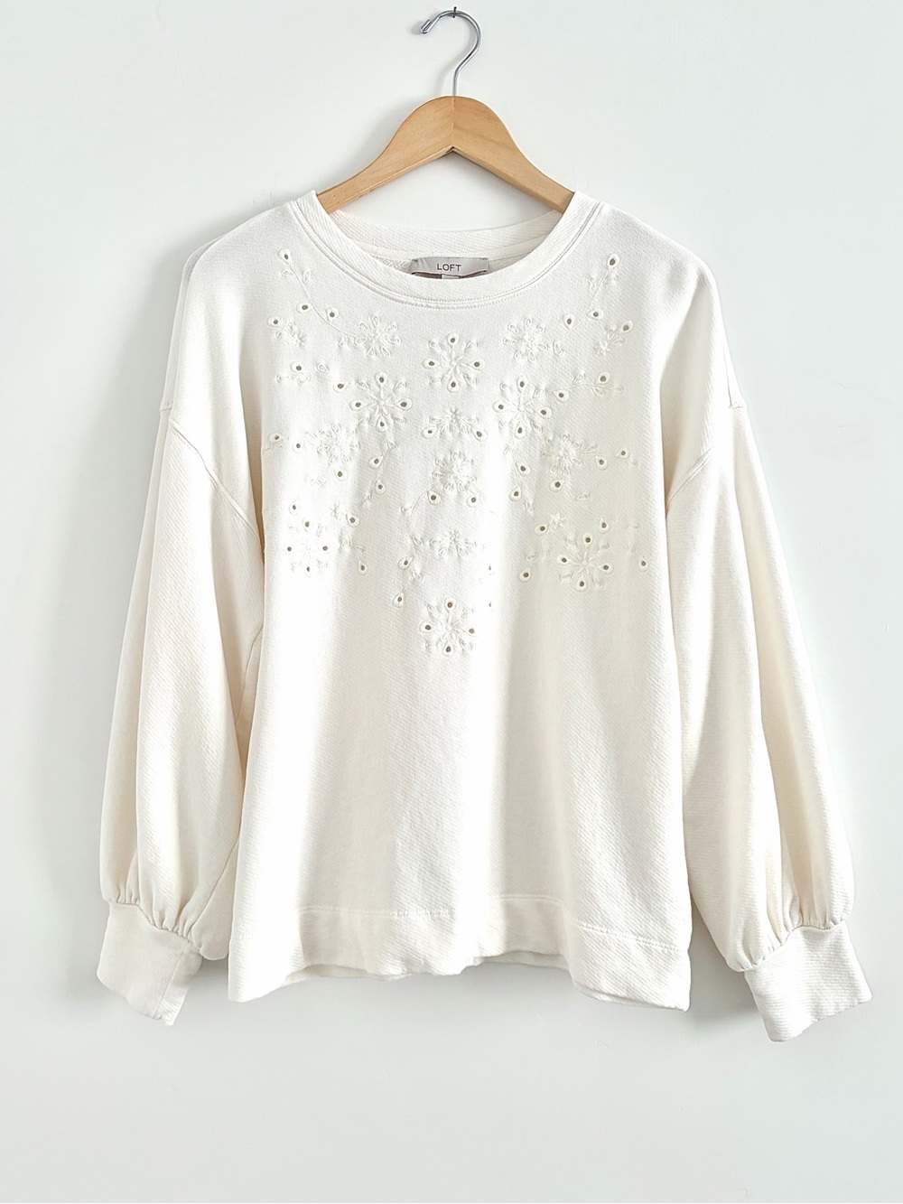LOFT Ivory Eyelet Embroidery Sweatshirt